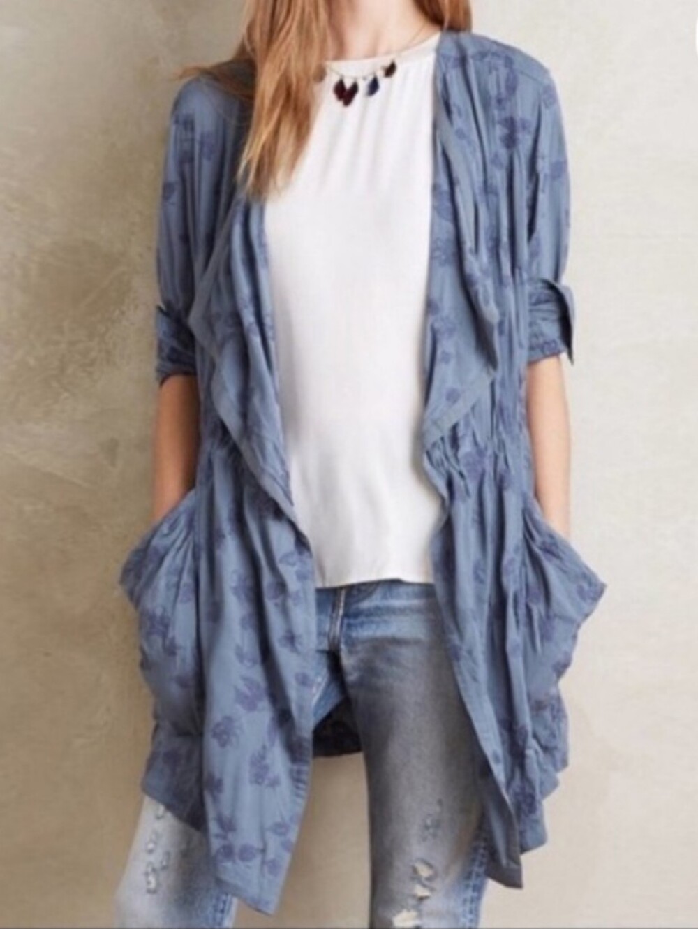 Anthropologie Hei Hei Blue Embroidered Slouchy Drawstring Kimono Jacket Small